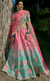 Contrasting Designer light blue & pink lehenga on viscose with Zari, Hand, Thread, embroidery detailed work indian aspired work
